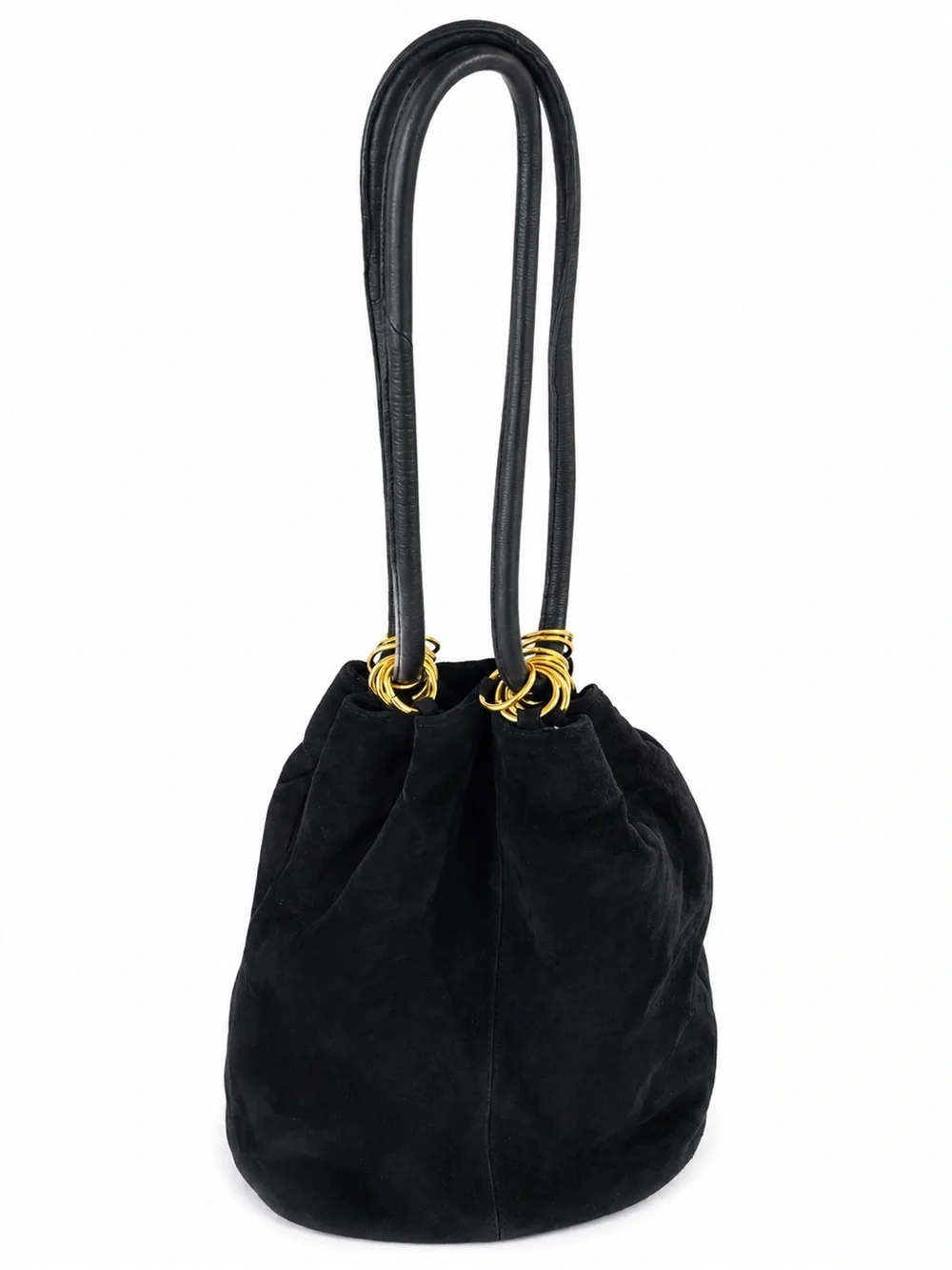 Saddle River Black Suede Leather Bucket Shoulder Bag Gold Hardware